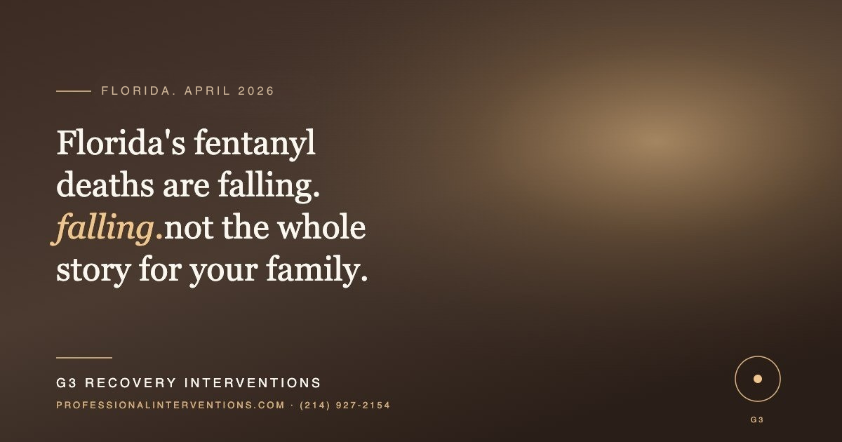 A dark brown promotional graphic for G3 Recovery Interventions. Text reads: "Florida • May 2026. Florida’s fentanyl deaths are falling. falling not the whole story for your family." Includes the website professionalinterventions.com and phone number (214) 927-2154.