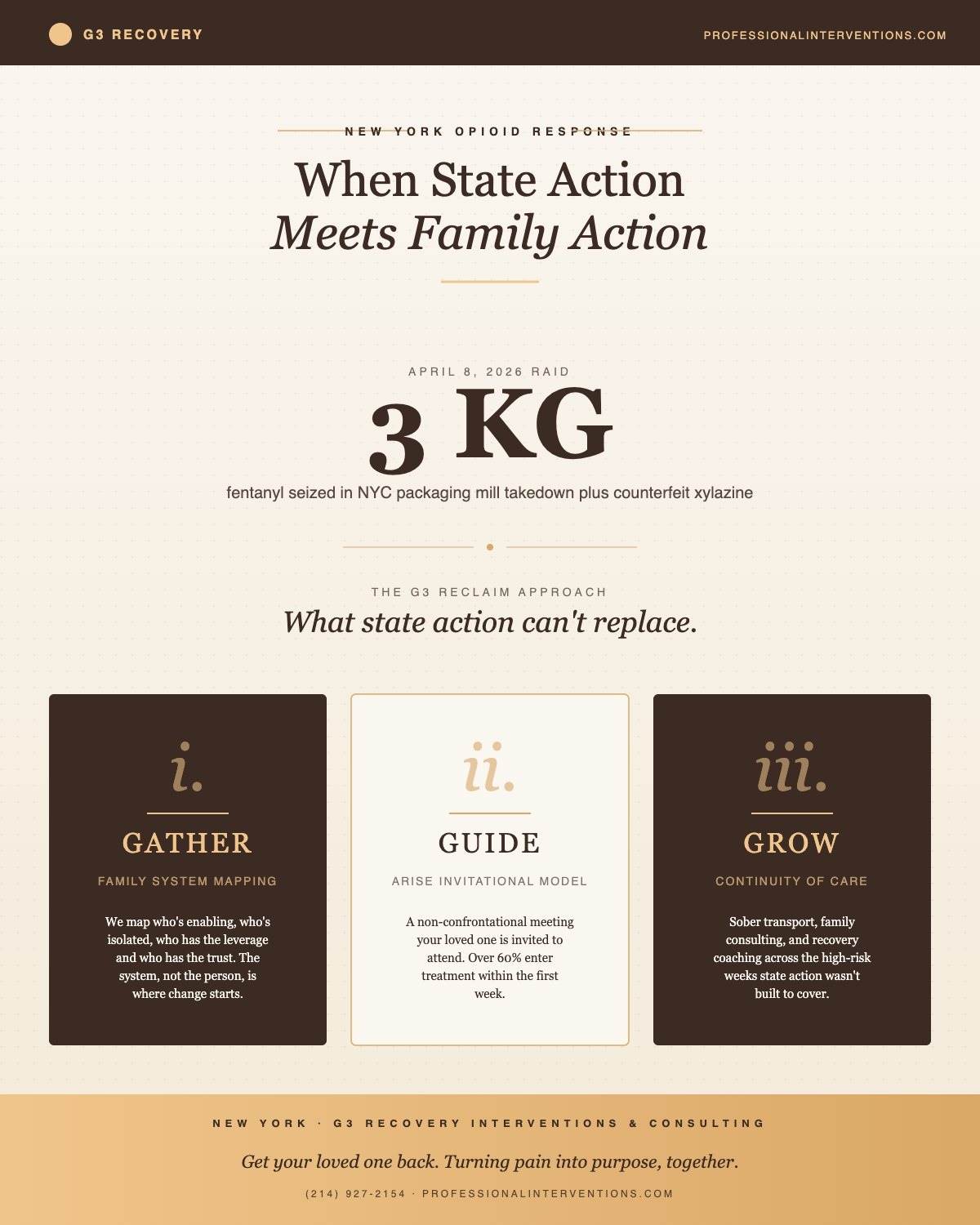 An infographic titled "New York Opioid Response: When State Action Meets Family Action." It highlights an April 8, 2026 raid where 3 KG of fentanyl were seized in an NYC packaging mill. It details the "G3 Reclaim Approach" involving Family System Mapping, the ARISE Invitational Model, and Continuity of Care. Footer includes professionalinterventions.com and (214) 927-2154.