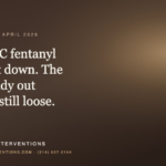 A promotional graphic for G3 Recovery Interventions with a dark brown gradient. Text reads: "New York • April 2026. Three NYC fentanyl mills shut down. The pills already out there are still loose." The bottom contains the website professionalinterventions.com and phone number (214) 927-2154.