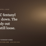 A promotional graphic for G3 Recovery Interventions with a dark brown gradient. Text reads: "New York • April 2026. Three NYC fentanyl mills shut down. The pills already out there are still loose." The bottom contains the website professionalinterventions.com and phone number (214) 927-2154.