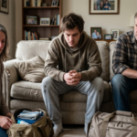 A solemn family scene in a living room, where a grieving mother on her knees packs a travel bag for her somber son seated on a sofa with his hands clasped. The boy’s father sits beside him, looking on with concern, amidst bags ready for departure.