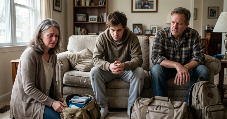 A solemn family scene in a living room, where a grieving mother on her knees packs a travel bag for her somber son seated on a sofa with his hands clasped. The boy’s father sits beside him, looking on with concern, amidst bags ready for departure.