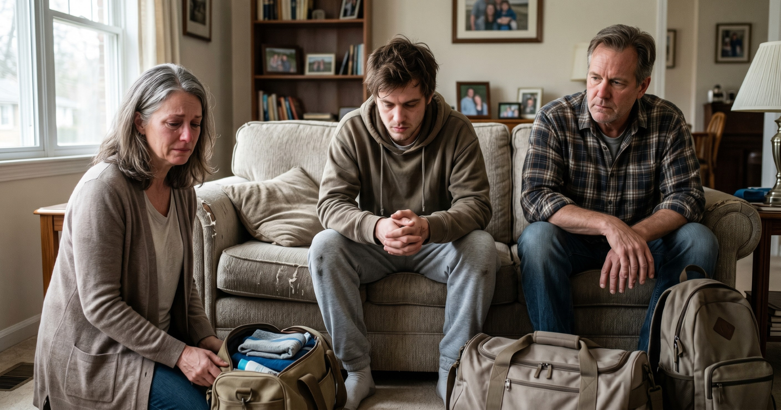 A solemn family scene in a living room, where a grieving mother on her knees packs a travel bag for her somber son seated on a sofa with his hands clasped. The boy’s father sits beside him, looking on with concern, amidst bags ready for departure.