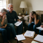 Four family members are in a living room, appearing distressed and somber. On the left, an older woman is crying, wiping her nose with a tissue, while an older man sits next to her, looking on with a steady but worried gaze.