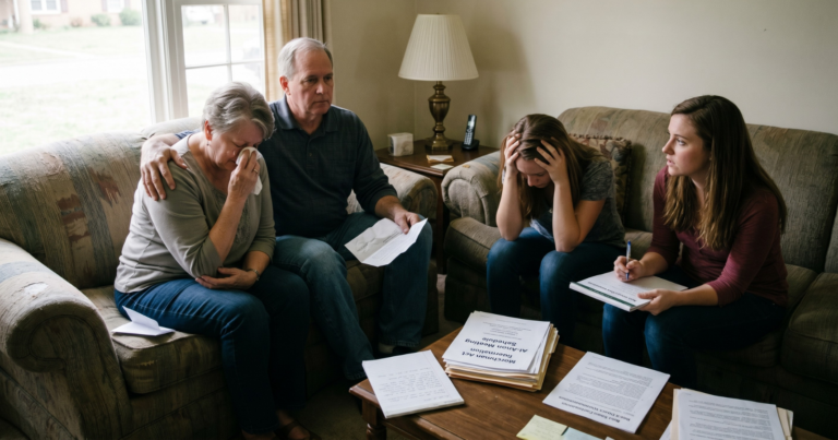 Four family members are in a living room, appearing distressed and somber. On the left, an older woman is crying, wiping her nose with a tissue, while an older man sits next to her, looking on with a steady but worried gaze.