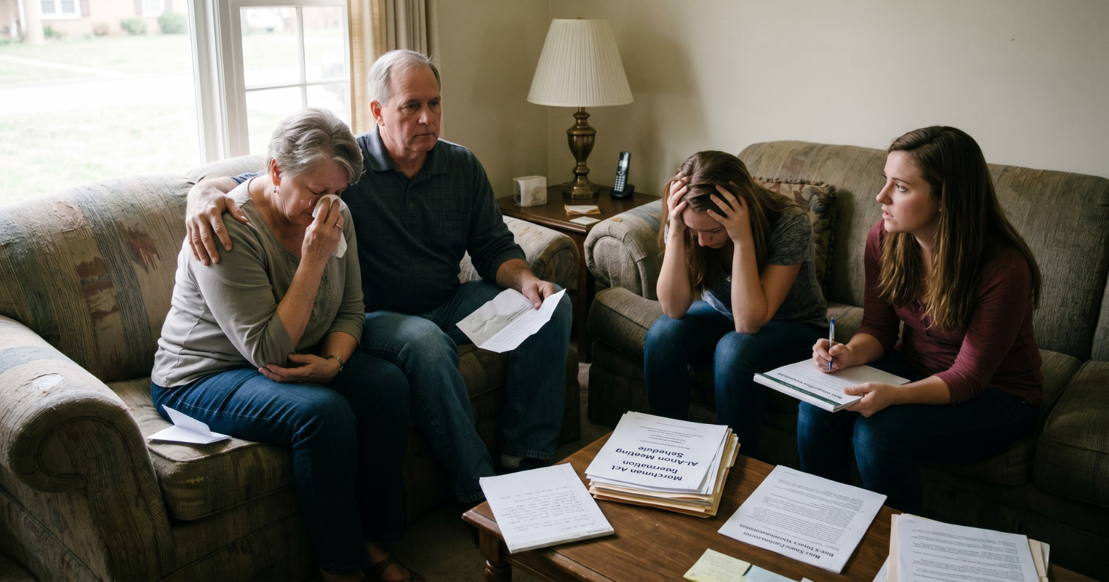 Four family members are in a living room, appearing distressed and somber. On the left, an older woman is crying, wiping her nose with a tissue, while an older man sits next to her, looking on with a steady but worried gaze.