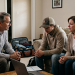 A four-person family is gathered for a counseling session in a living room. An older man with grey hair sits attentively across from a distressed family of three.