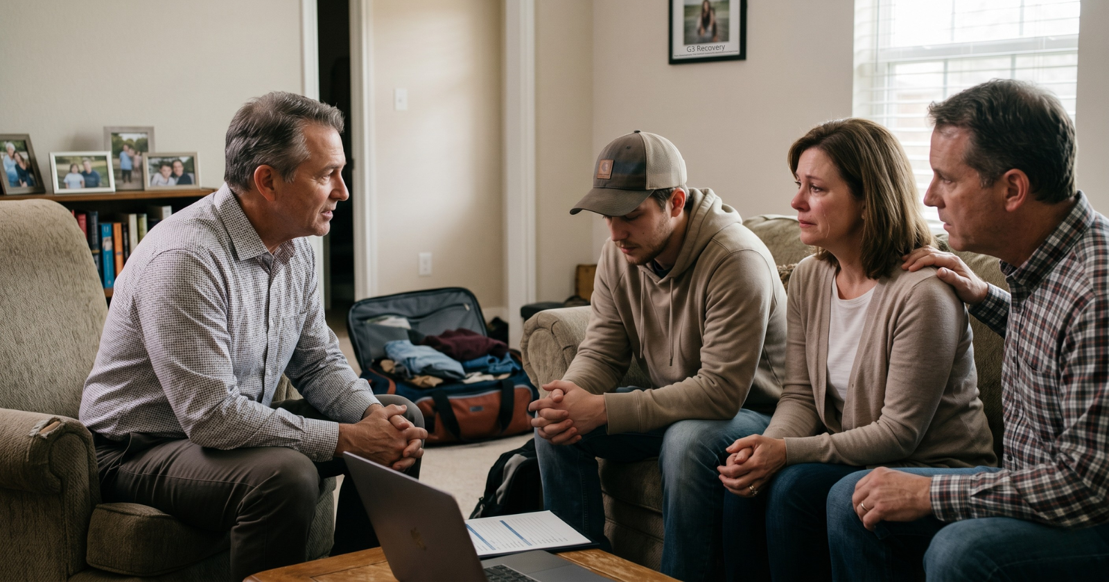 A four-person family is gathered for a counseling session in a living room. An older man with grey hair sits attentively across from a distressed family of three.