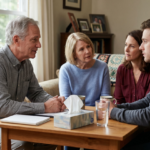 An adult family of four a man, a woman, and two young adults—are seated at a wooden dining table in a living room, engaged in conversation. All four individuals are looking towards the older male, with serious or concerned expressions on their faces.
