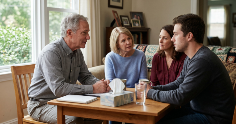An adult family of four a man, a woman, and two young adults—are seated at a wooden dining table in a living room, engaged in conversation. All four individuals are looking towards the older male, with serious or concerned expressions on their faces.