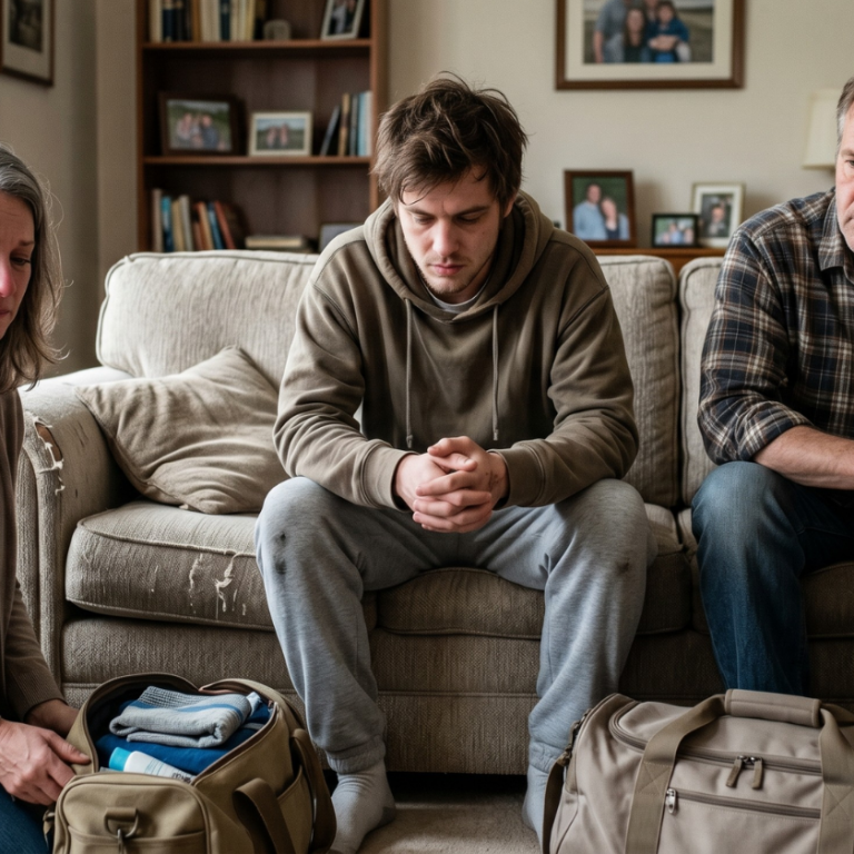 A solemn family scene in a living room, where a grieving mother on her knees packs a travel bag for her somber son seated on a sofa with his hands clasped. The boy’s father sits beside him, looking on with concern, amidst bags ready for departure.