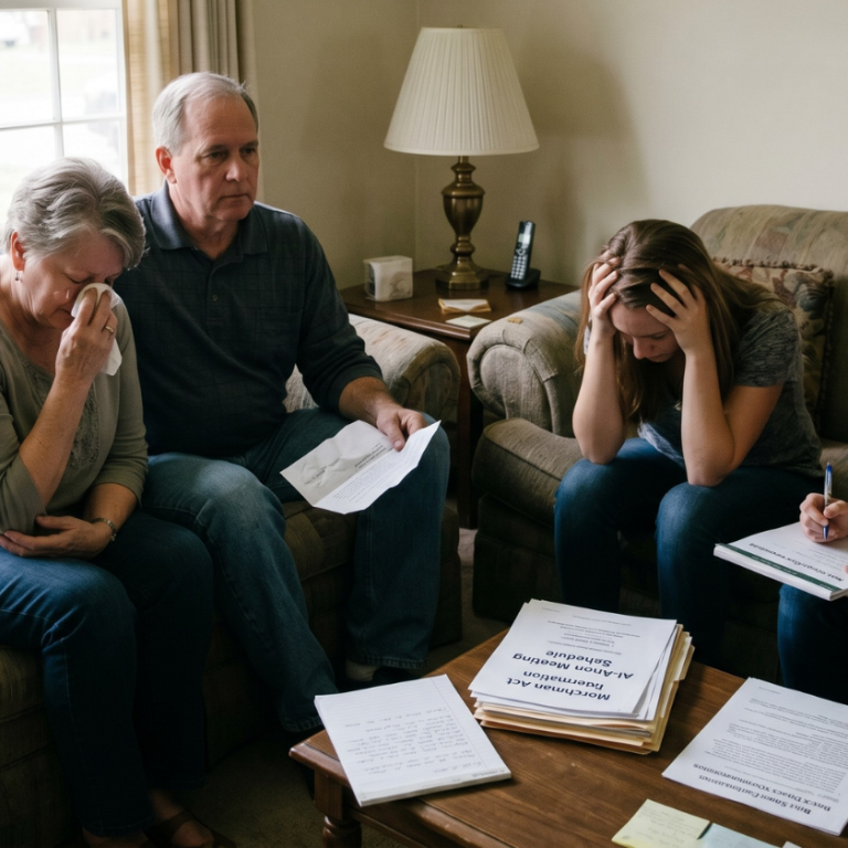 Four family members are in a living room, appearing distressed and somber. On the left, an older woman is crying, wiping her nose with a tissue, while an older man sits next to her, looking on with a steady but worried gaze.