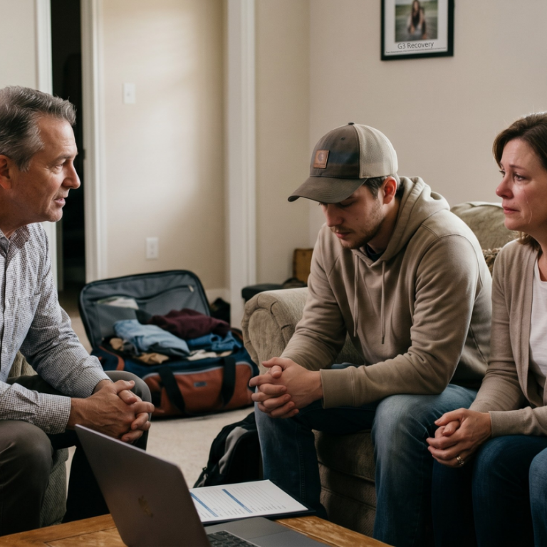 A four-person family is gathered for a counseling session in a living room. An older man with grey hair sits attentively across from a distressed family of three.
