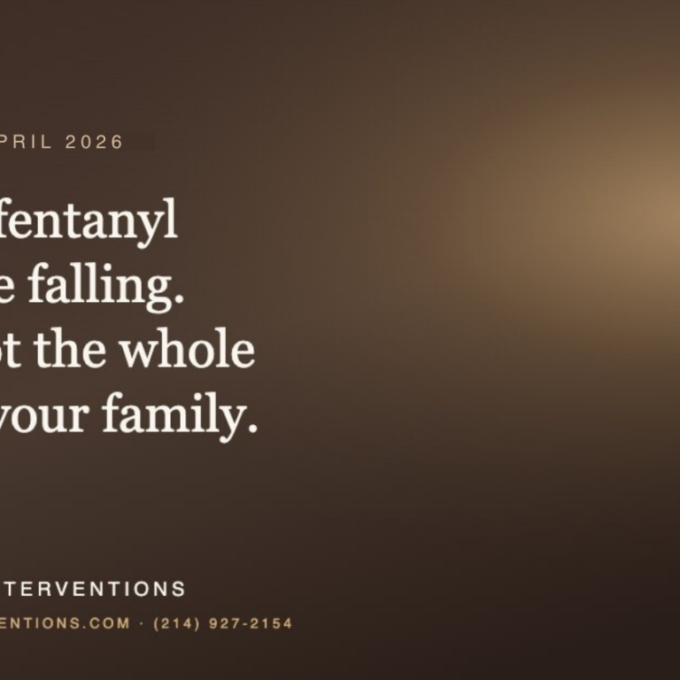 A dark brown promotional graphic for G3 Recovery Interventions. Text reads: "Florida • May 2026. Florida’s fentanyl deaths are falling. falling not the whole story for your family." Includes the website professionalinterventions.com and phone number (214) 927-2154.
