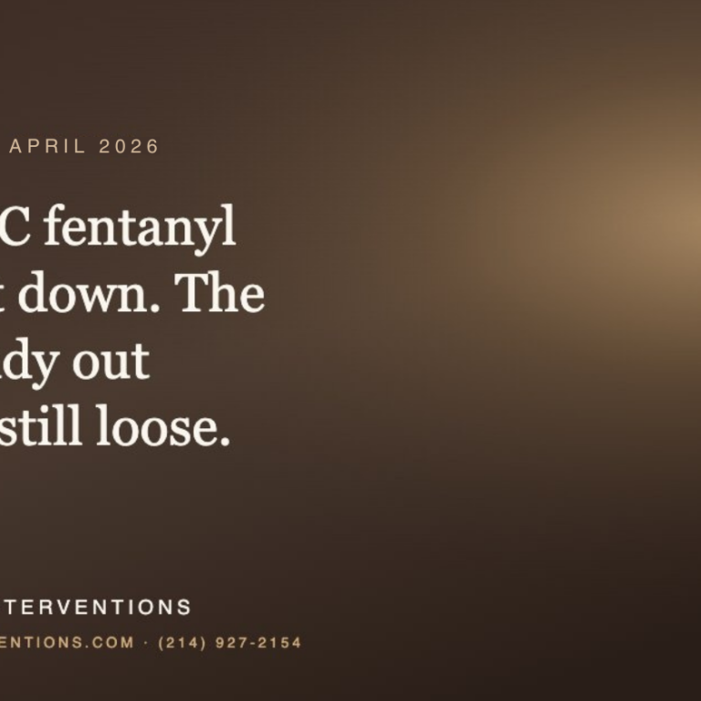 A promotional graphic for G3 Recovery Interventions with a dark brown gradient. Text reads: "New York • April 2026. Three NYC fentanyl mills shut down. The pills already out there are still loose." The bottom contains the website professionalinterventions.com and phone number (214) 927-2154.