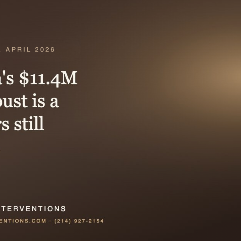 A promotional graphic with a dark brown gradient background. The text reads: "California • May 2026. California’s $11.4M fentanyl bust is a win. Yours still has work." At the bottom, it identifies the organization as G3 Recovery Interventions and lists the website professionalinterventions.com and phone number (214) 927-2154.