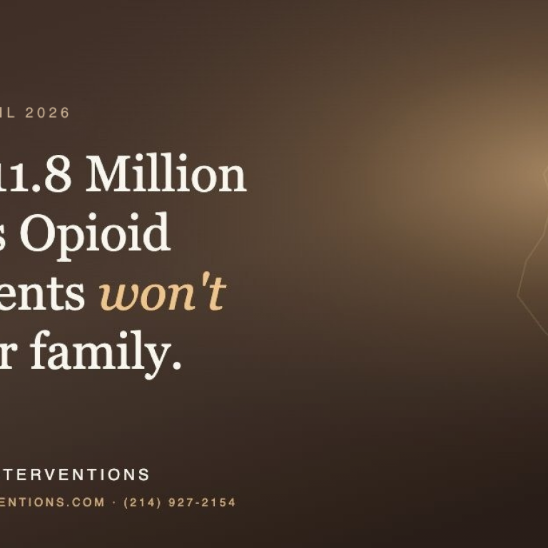 A dark brown promotional graphic with the text: "Texas • April 2026. What $11.8 Million in Texas Opioid Settlements won't buy your family." It features the G3 Recovery Interventions logo, the website professionalinterventions.com, and the phone number (214) 927-2154.