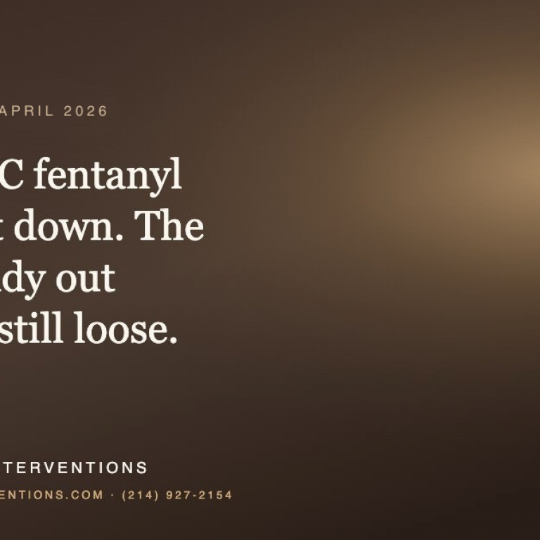 A promotional graphic for G3 Recovery Interventions with a dark brown gradient. Text reads: "New York • April 2026. Three NYC fentanyl mills shut down. The pills already out there are still loose." The bottom contains the website professionalinterventions.com and phone number (214) 927-2154.